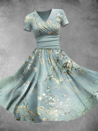 Retro Floral Art Print V-Neck Short Sleeve Midi Dress