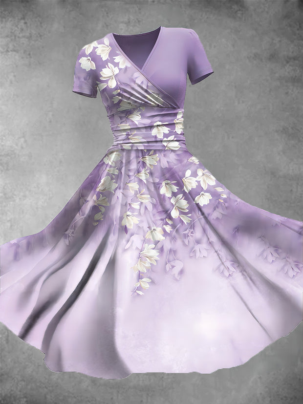 Retro V-Neck Floral Art Print Short Sleeve Midi Dress