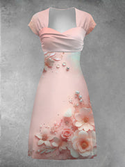 Women's Vintage Pink Floral Art Print V-Neck Midi Dress