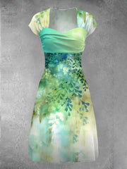 Vintage Leaf Art Print Short Sleeve Midi Dress