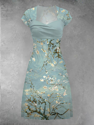 Vintage Floral Art Print Short Sleeve Midi Dress