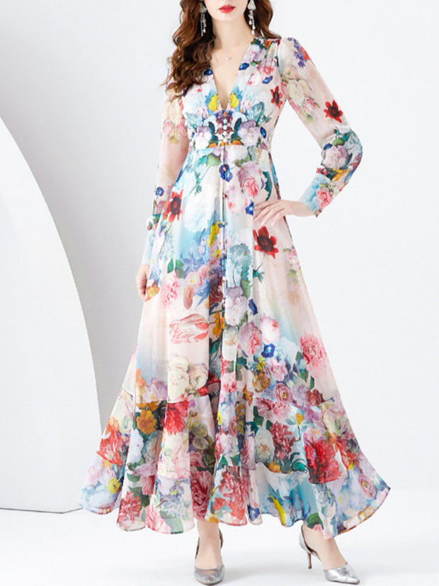 Elegant Flower Printed V-Neck Chic Chiffon Long Sleeve Full Hemline Maxi Dress