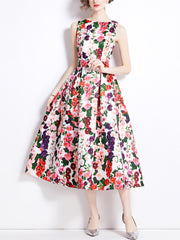 Elegant Vintage Floral Print Fashion Sleeveless Midi Dress