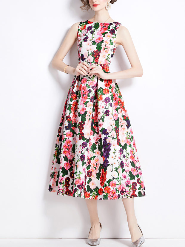 Elegant Vintage Floral Print Fashion Sleeveless Midi Dress