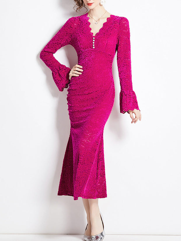 Elegant Printed Textured Chic Lace V-Neck Batsleeve Maxi Dress