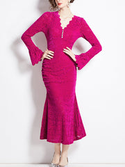 Elegant Printed Textured Chic Lace V-Neck Batsleeve Maxi Dress