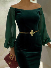 Women's Vintage Green Velvet One Shoulder Midi Dress