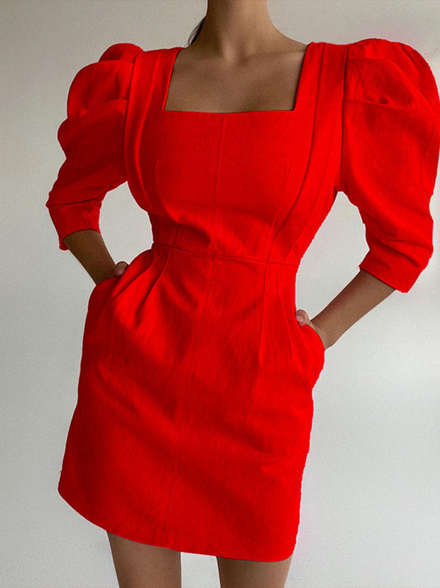 Women's Retro Fashionable Long-Sleeved Square Collar Solid Color Cotton and Linen Mini Dress