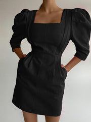 Women's Retro Fashionable Long-Sleeved Square Collar Solid Color Cotton and Linen Mini Dress