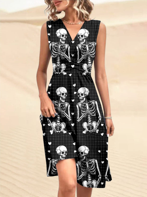Vintage Punk Skull Printed V-Neck Sleeveless Pleated Design Fashion Midi Dress