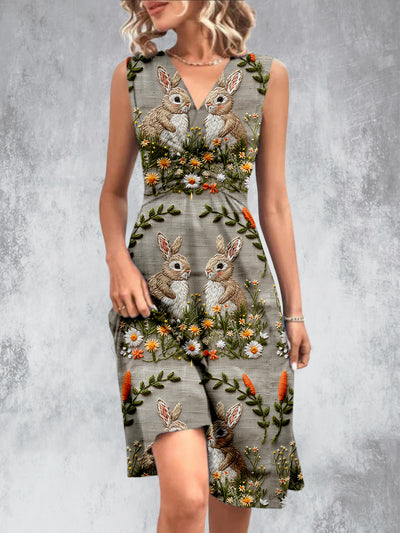 Vintage Garden Rabbit Printed V-Neck Sleeveless Pleated Design Fashion Midi Dress