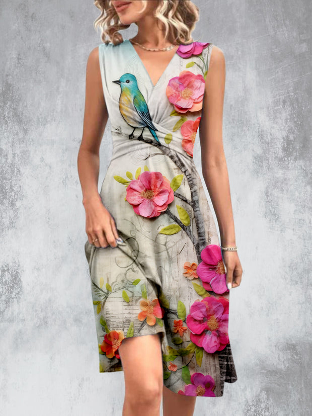 Vintage Spring Garden Printed V-Neck Sleeveless Pleated Design Fashion Midi Dress