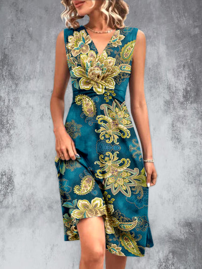 Vintage Floral Designs Printed V-Neck Sleeveless Pleated Design Fashion Midi Dress