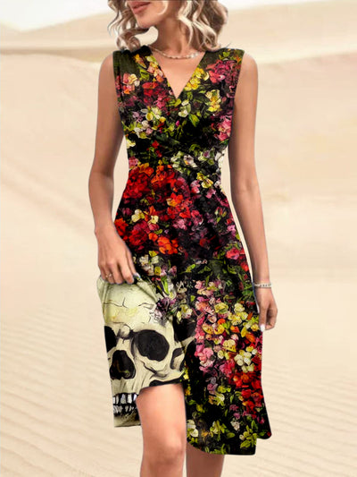 Vintage Punk Skull Flower Printed V-Neck Sleeveless Pleated Design Fashion Midi Dress
