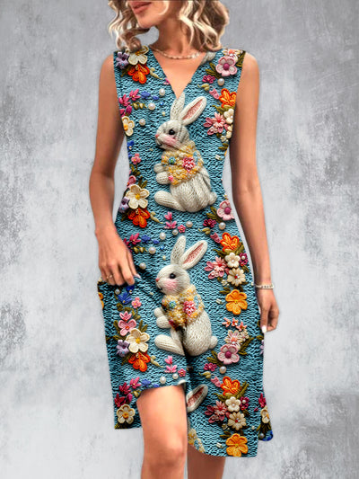 Vintage Garden Rabbit Printed V-Neck Sleeveless Pleated Design Fashion Midi Dress