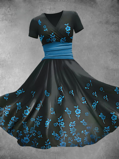 Women's Retro Blue Flower Art Print V-Neck Midi Dress