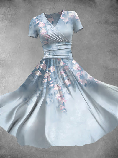 Women's Retro Floral Art Print V-Neck Midi Dress
