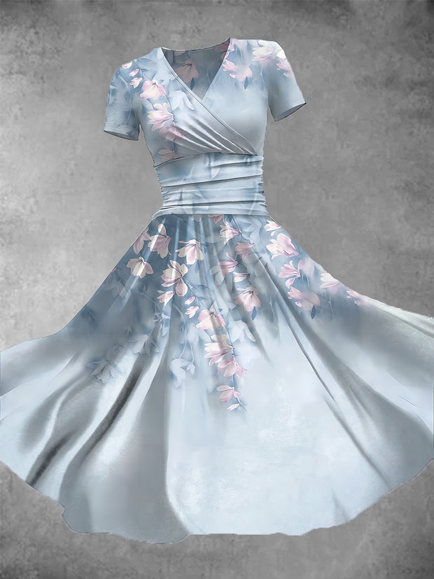 Women's Retro Floral Art Print V-Neck Midi Dress
