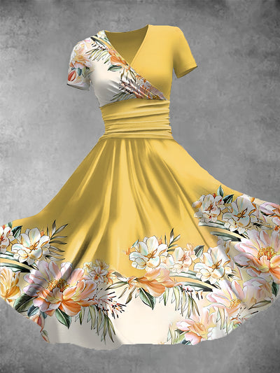 Women's Retro Flower Art Print V-Neck Midi Dress