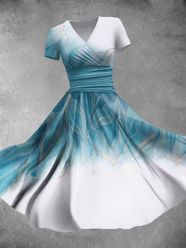 Women's Retro Blue and White Leaf Art Print V-Neck Midi Dress
