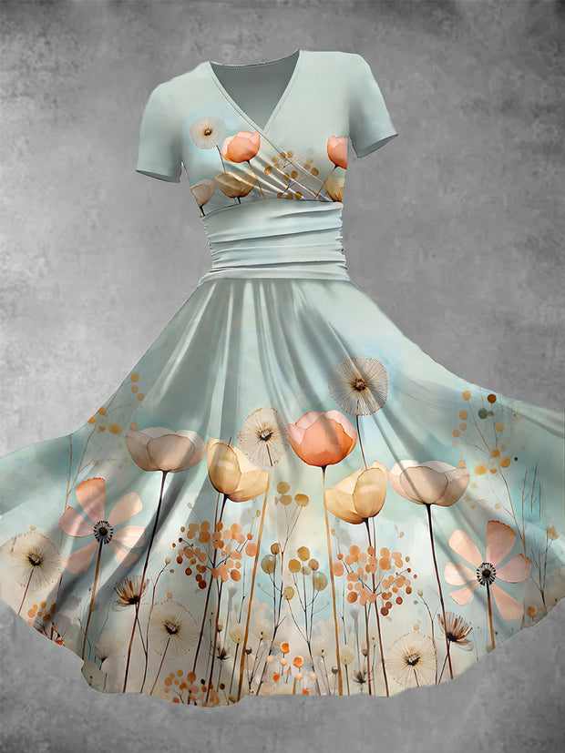Women's Retro Flower Art Print V-Neck Midi Dress