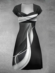 Retro Black and White Abstract Art Print V-Neck Midi Dress