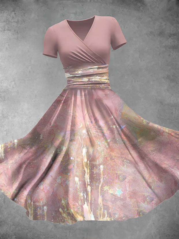 Women's Retro Pink Art Print V-Neck Midi Dress