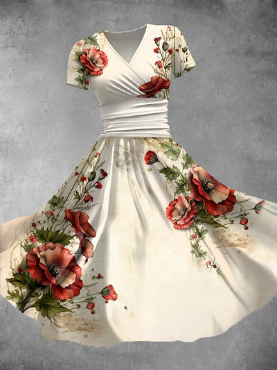 Women's Retro Poppy Flower Art Print V-Neck Midi Dress