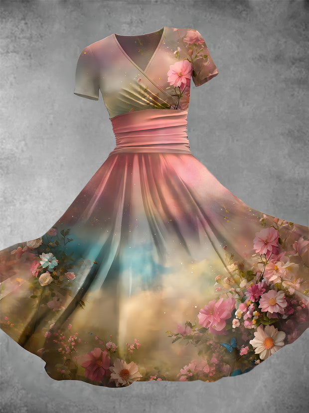 Women's Retro Colorful Floral Art Print V-Neck Maxi Dress