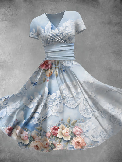 Women's Retro Lace Floral Art Print V-Neck Maxi Dress