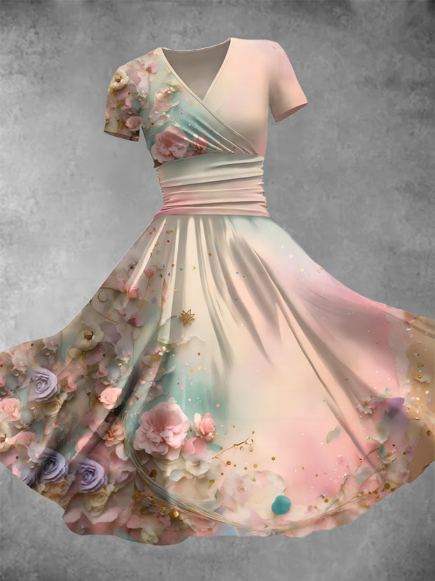 Women's Retro Floral Art Print V-Neck Maxi Dress