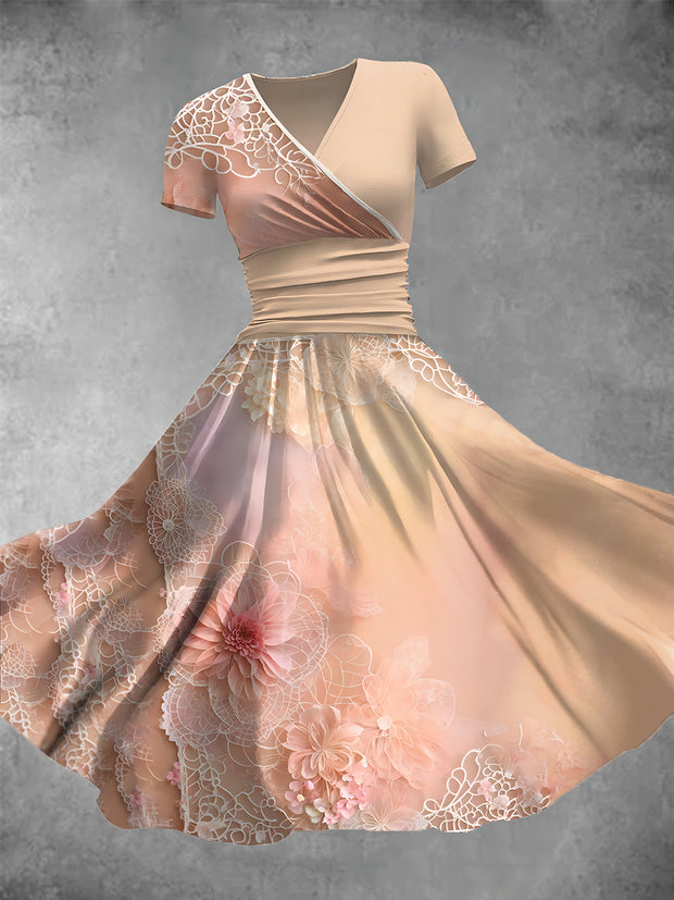 Women's Retro Lace Floral Art Print V-Neck Midi Dress