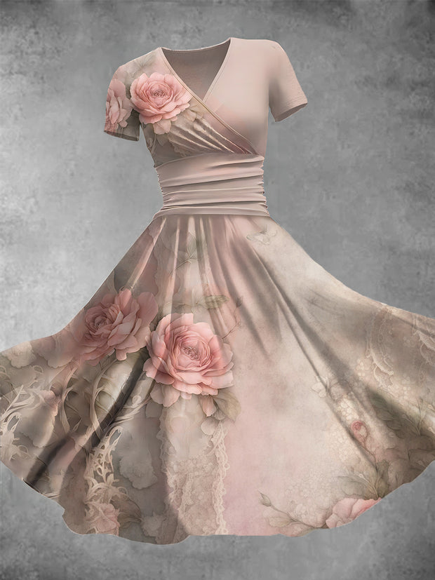 Women's Retro Lace Floral Art Print V-Neck Maxi Dress