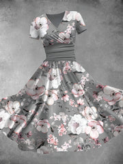 Retro Floral Art Print V-Neck Short Sleeve Maxi Dress