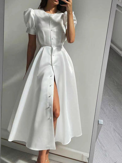 Women's Retro Solid Color Short Sleeve Long Hem Dress