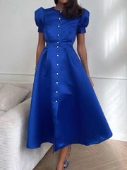 Women's Retro Solid Color Short Sleeve Long Hem Dress