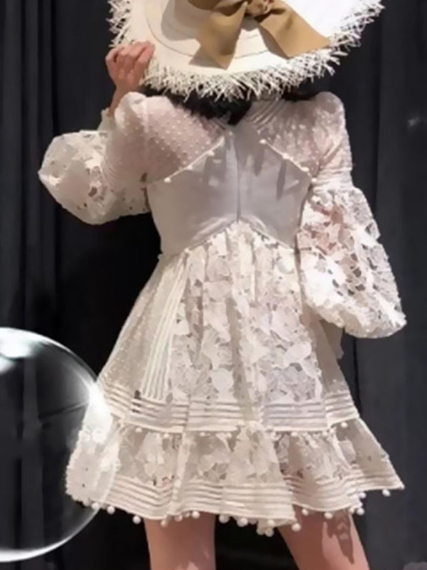 Women's Vintage Long Sleeve V-Neck Hollow Lace Mini Dress
