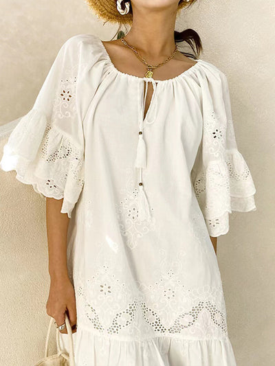 Women's Vintage White Lace Pullover Mini Dress