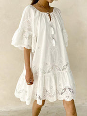 Women's Vintage White Lace Pullover Mini Dress