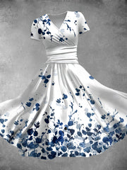 Women's Vintage Blue Leaf Art Print V Neck Maxi Dress