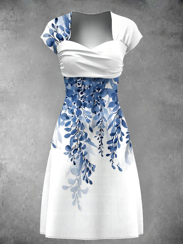 Women's Blue Leaf Art Print Wrap Midi Dress