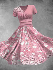 Women's Retro Pink Skull Art Print V-Neck Long Dress