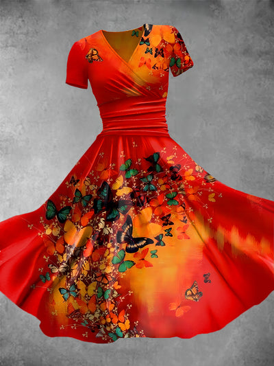Women's Vintage Butterfly Art Print V Neck Maxi Dress