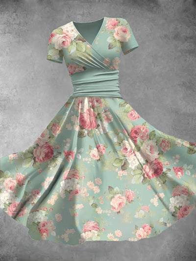 Women's Vintage Floral Art Print V Neck Maxi Dress