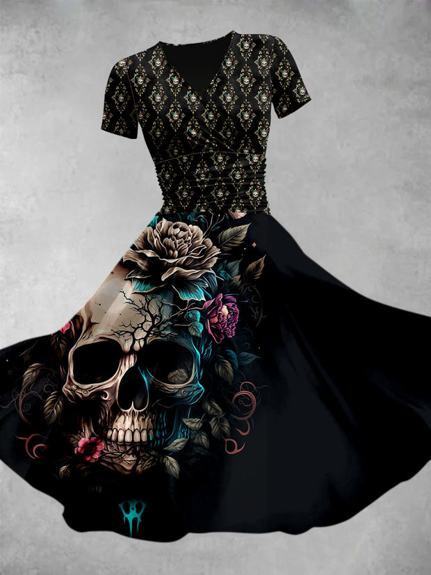 Colourful Punk Skull Flower Print V-Neck Short Sleeve Midi Dress