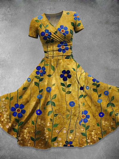 Vintage Flower Print V-Neck Short Sleeve Midi Dress