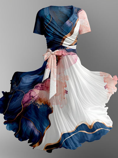 Elegant Abstract Art Printed V-Neck Short Sleeve Midi Dress