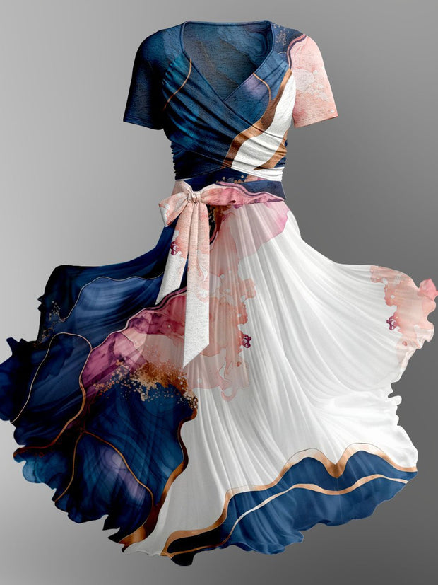 Elegant Abstract Art Printed V-Neck Short Sleeve Midi Dress
