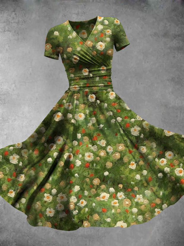 Retro Oil Painting Flowers Print V-Neck Short Sleeve Midi Dress