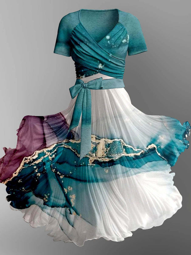 Elegant Abstract Art Printed V-Neck Short Sleeve Fashion Design Midi Dress